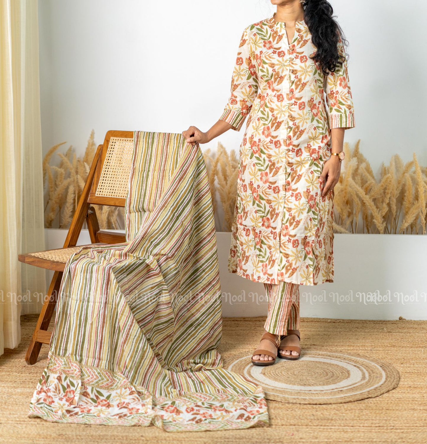 VARNA - Cotton Straight Kurti Set with Pant and Dupatta (3 Pc)
